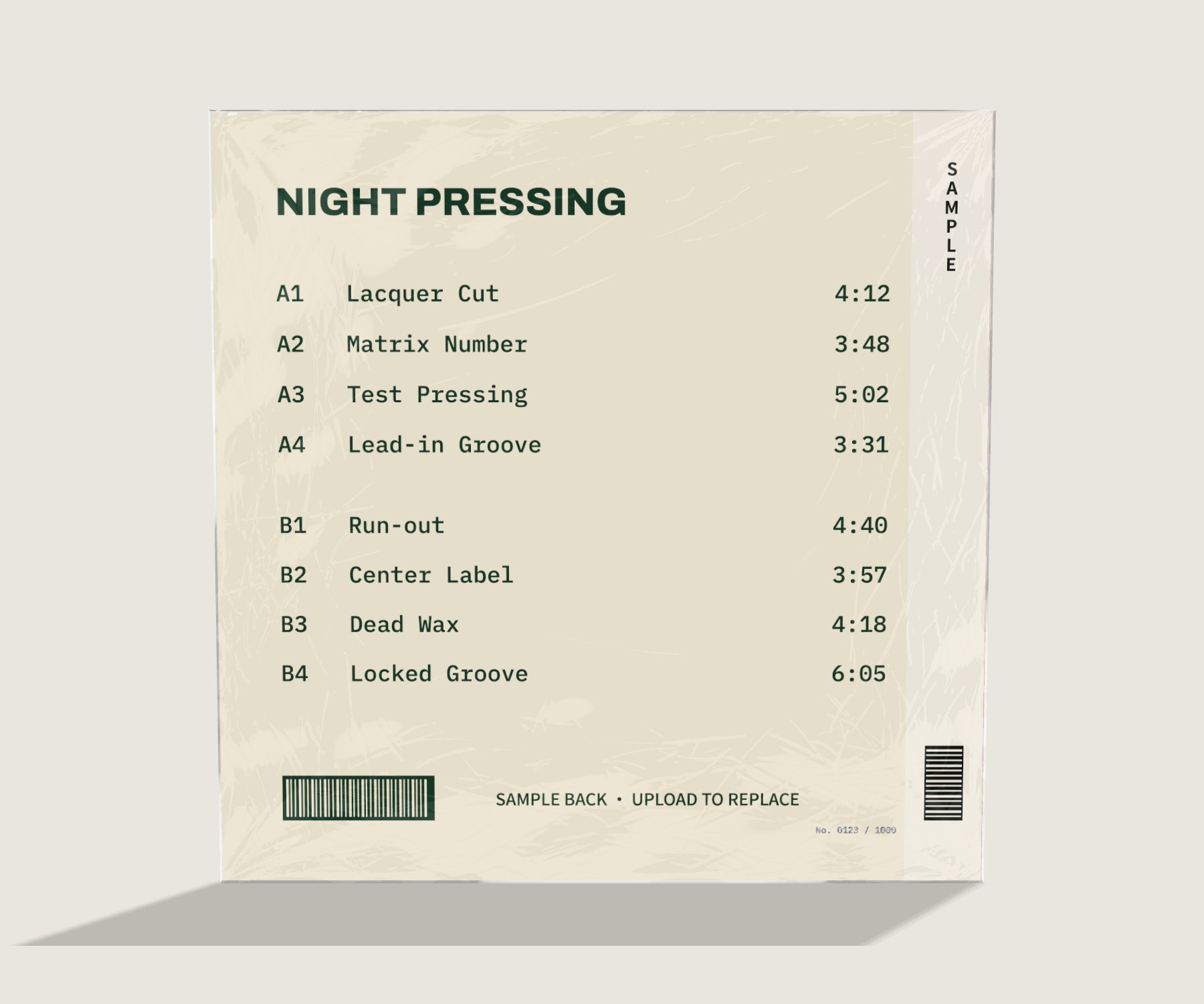 Back cover of sample LP package with obi strip and numbered edition detail