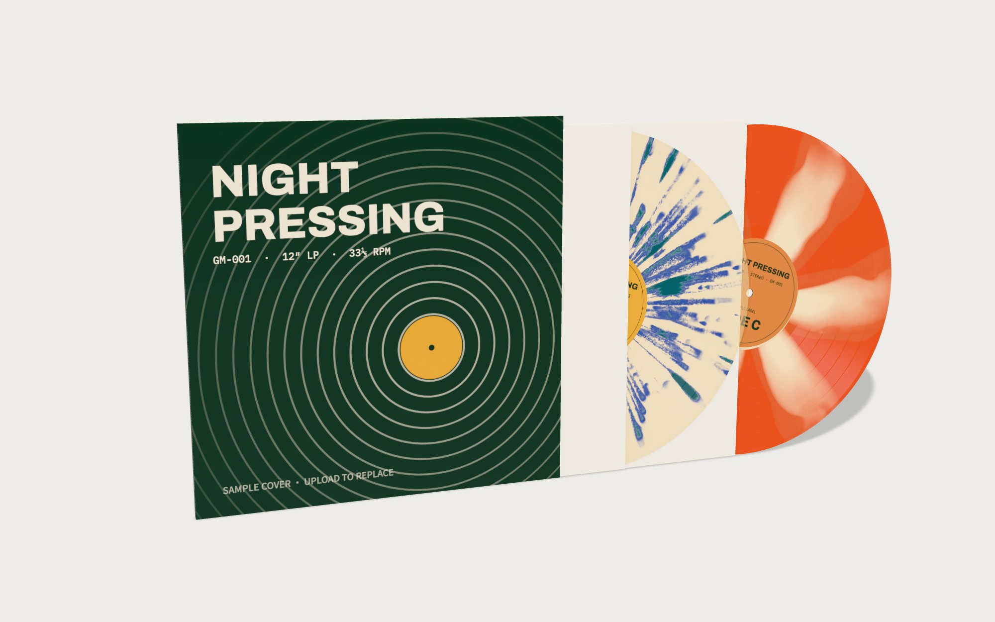 Sample LP jacket with blue splatter vinyl and orange patterned vinyl