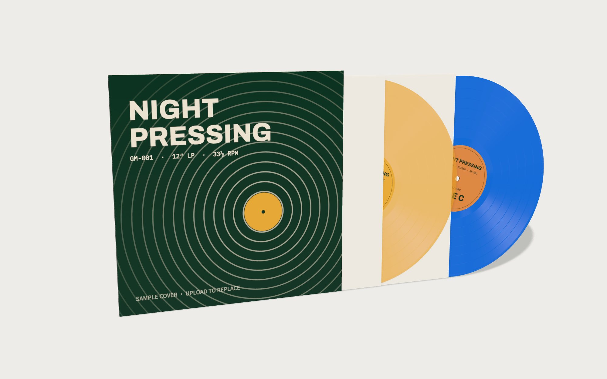 Two colored records drawn out from a single LP jacket